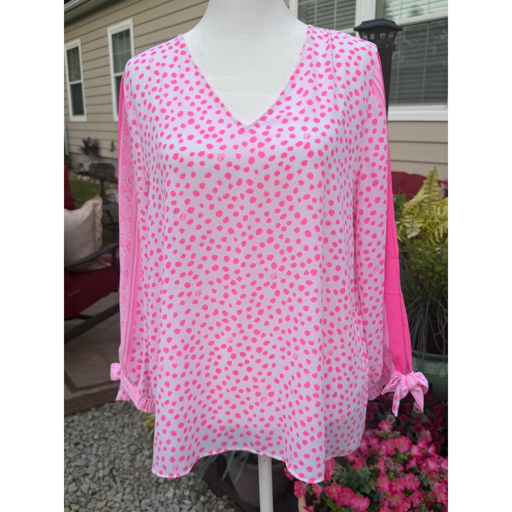 NWOT Lilly Pulitzer Pink White Dot Shell Print V-Neck Tie Sleeve Blouse Small